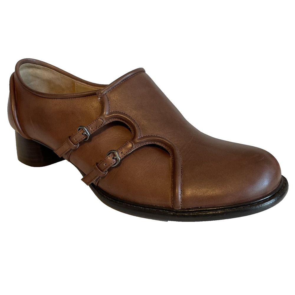 Leon Max Womens Block Heel Mary Jane Double Buckle, Round Toe Brown, Size‎ 10